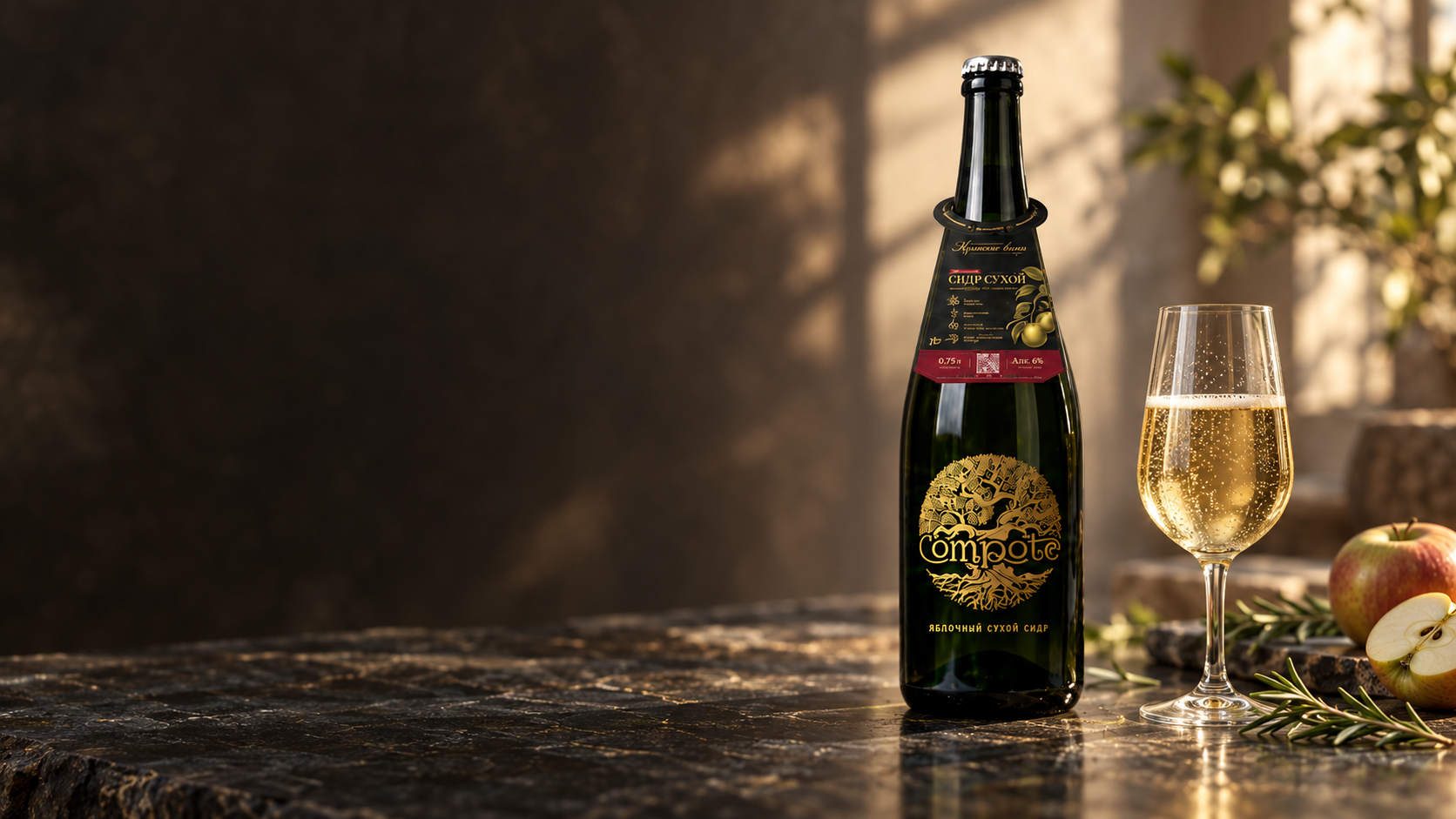 Сидр Premium Brut: бутылка и бокал